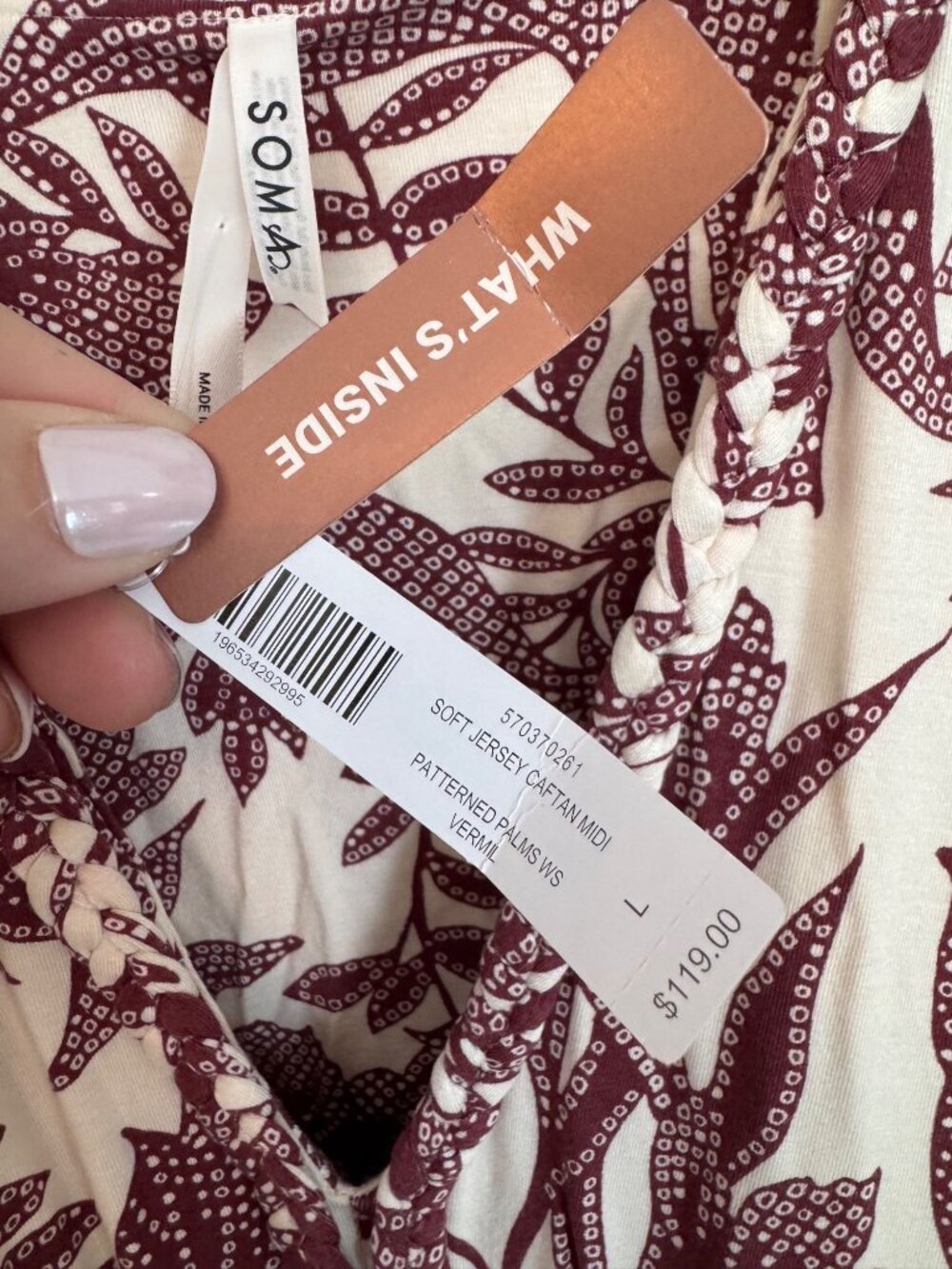 Soma Soft Jersey Caftan Palms Tropical Dress Maxi Pockets Built In Bra Large NWT - Picture 13 of 16
